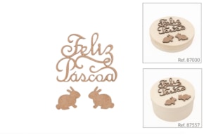 SET 6 CONJ. FELIZ PASCOA 8X6.5X0.3CM DM+2 CONEJOS 3.5X3X0.3