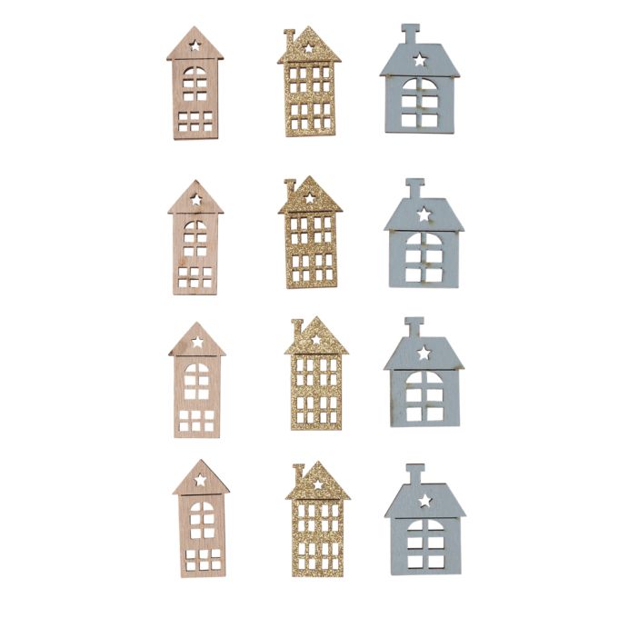 Wooden shape to scatter House, 4cm,  w. adh. 12pcs RAYHER